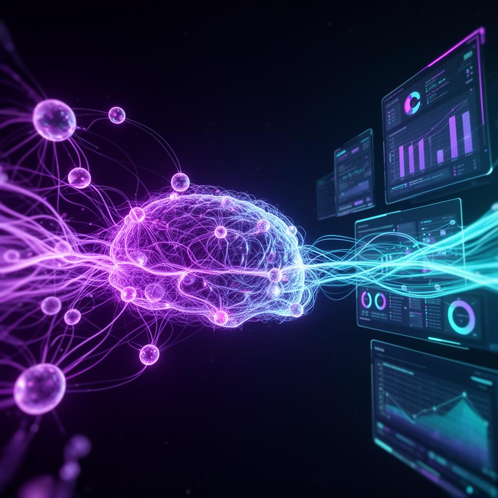 AI-powered business automation visualization with neural network and analytics dashboards